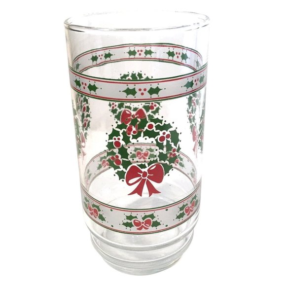Christmas Glass Set Holly Wreath & Berry Pattern 12 oz Tumblers Vintage Libbey - Picture 3 of 3